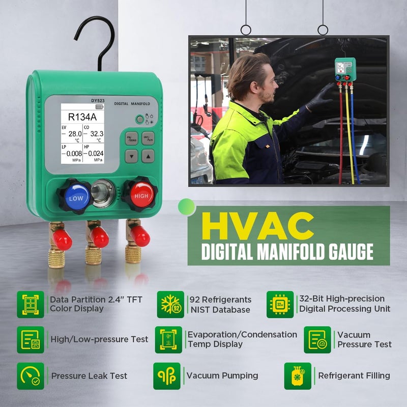 KAISAL HVAC Digital Manifold Gauge Set for 92 Refrigerant, TFT Display Digital HVAC Gauges Dual Pressure&Vacuum Test, R134A R410A Refrigerant Gauge with Hoses AC Recharge Kit for Air Conditioner/Refrigerator - Image 2